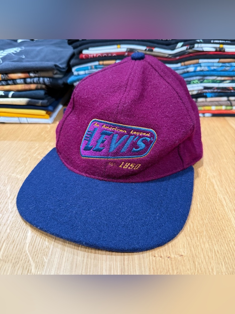 Vintage Distressed Levi's Embroidered Wool Purple & Blue Cap Hat